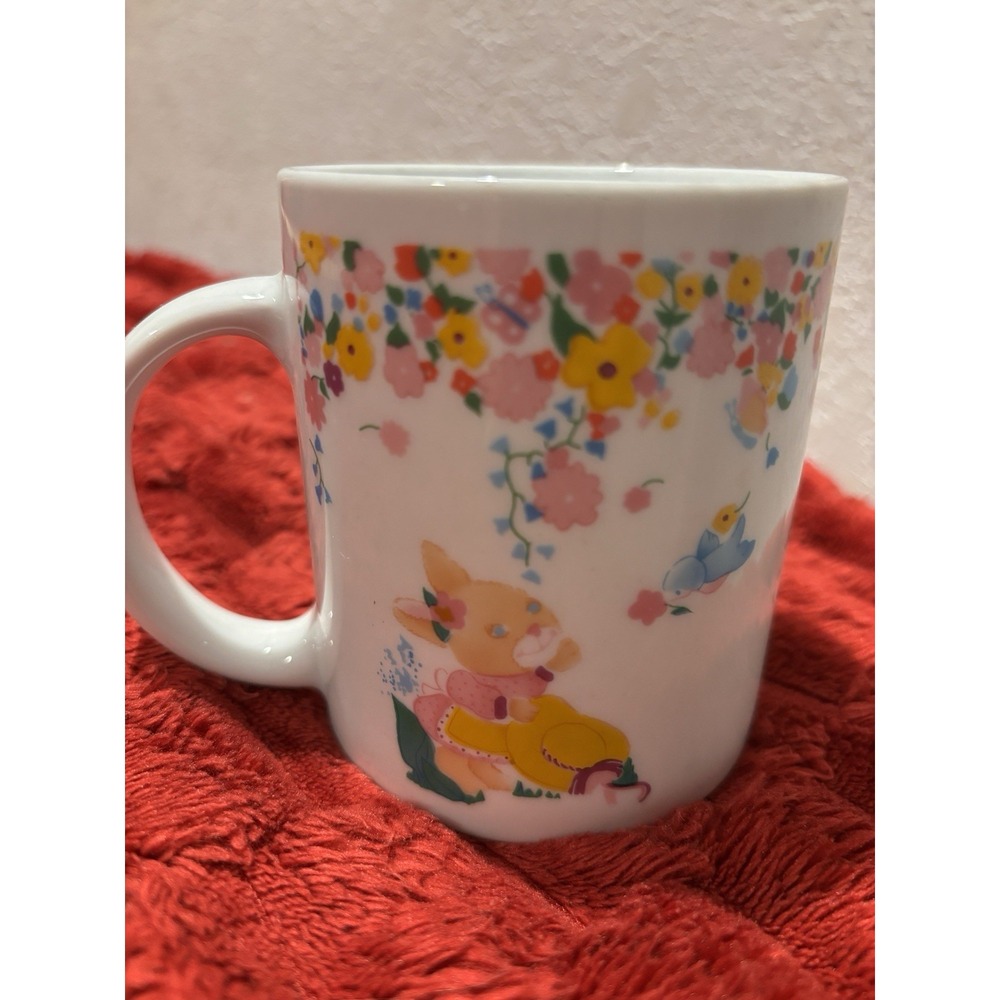 Houston Foods VTG 1993 Easter Bunny Ceramic Mug Bunny Cascading Garland Floral